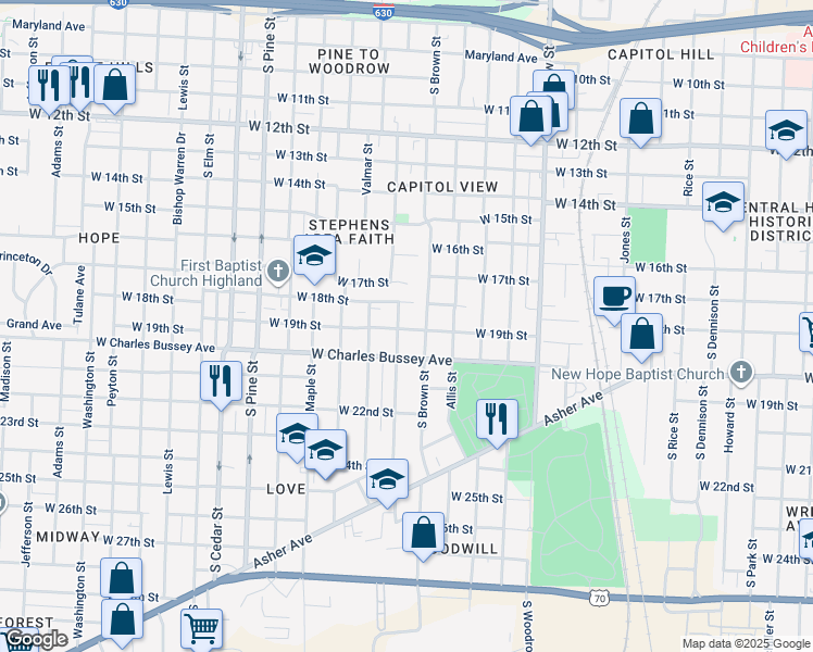 map of restaurants, bars, coffee shops, grocery stores, and more near 1825 S Martin St in Little Rock