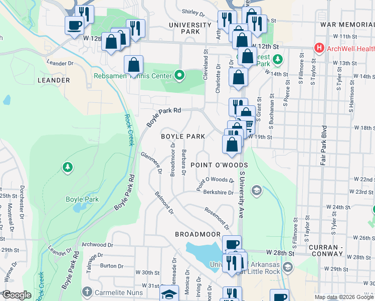 map of restaurants, bars, coffee shops, grocery stores, and more near 6 Holly Hill Road in Little Rock