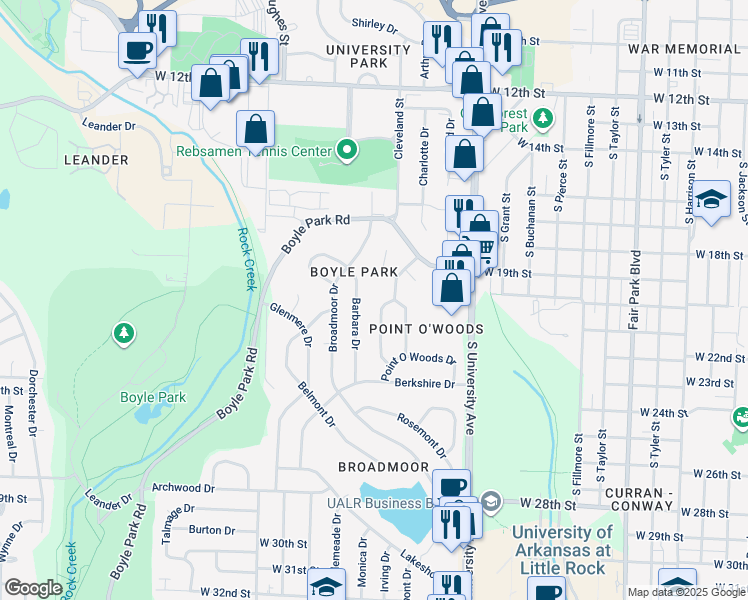 map of restaurants, bars, coffee shops, grocery stores, and more near 6 Holly Hill Road in Little Rock