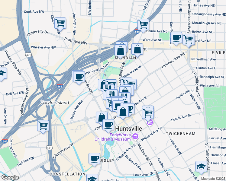 map of restaurants, bars, coffee shops, grocery stores, and more near 301 Washington Street Northwest in Huntsville