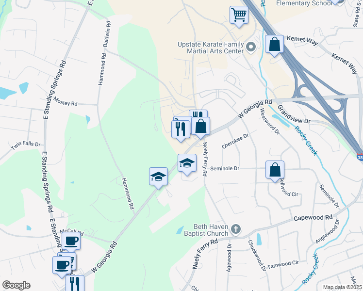 map of restaurants, bars, coffee shops, grocery stores, and more near 1004 West Georgia Road in Simpsonville