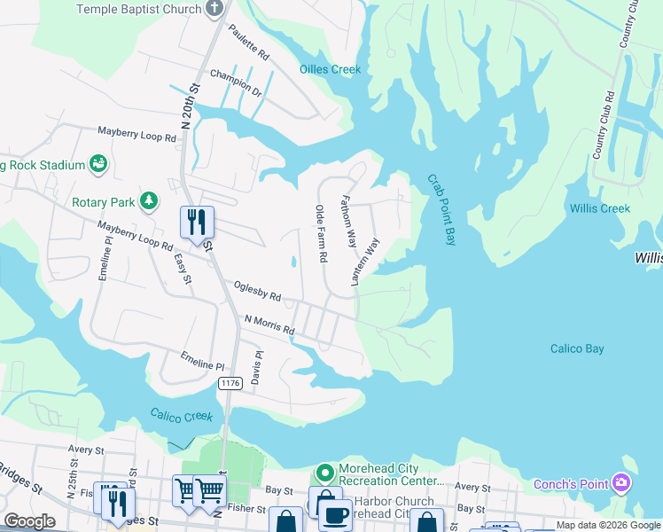 map of restaurants, bars, coffee shops, grocery stores, and more near Lantern Way in Morehead City