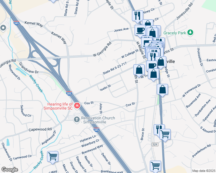 map of restaurants, bars, coffee shops, grocery stores, and more near Iselin Street in Simpsonville