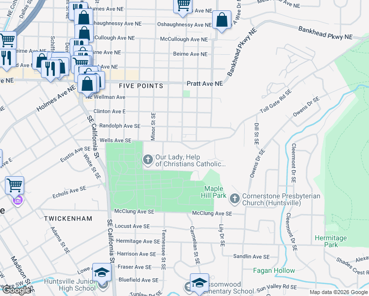map of restaurants, bars, coffee shops, grocery stores, and more near 1502 Toll Gate Road Southeast in Huntsville