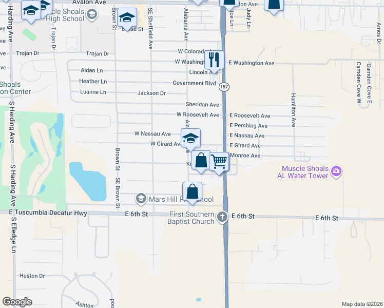 map of restaurants, bars, coffee shops, grocery stores, and more near Alabama Avenue in Muscle Shoals