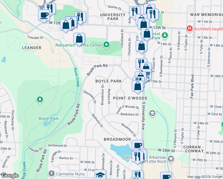 map of restaurants, bars, coffee shops, grocery stores, and more near 6 Holly Hill Road in Little Rock
