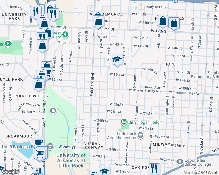 map of restaurants, bars, coffee shops, grocery stores, and more near 1921 South Harrison Street in Little Rock