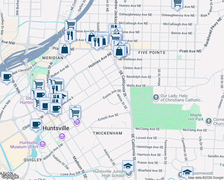 map of restaurants, bars, coffee shops, grocery stores, and more near 200 White Street Southeast in Huntsville