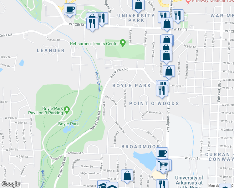 map of restaurants, bars, coffee shops, grocery stores, and more near 3 Roane Circle in Little Rock