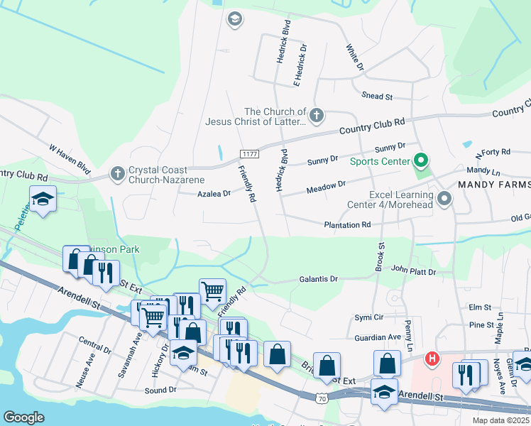 map of restaurants, bars, coffee shops, grocery stores, and more near 600 Friendly Road in Morehead City