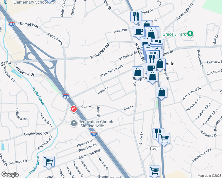 map of restaurants, bars, coffee shops, grocery stores, and more near 111 Iselin Street in Simpsonville
