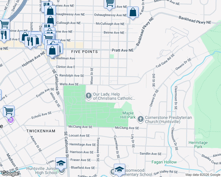 map of restaurants, bars, coffee shops, grocery stores, and more near 1502 Toll Gate Road Southeast in Huntsville