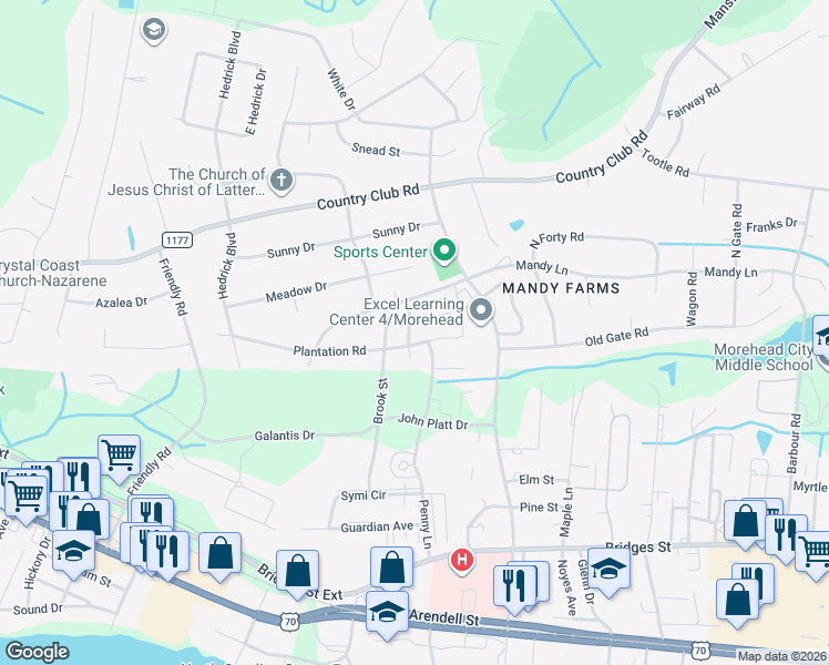 map of restaurants, bars, coffee shops, grocery stores, and more near 604 Brook Street in Morehead City