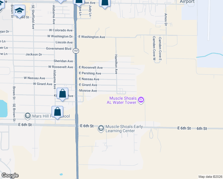 map of restaurants, bars, coffee shops, grocery stores, and more near 501-513 Monroe Ave in Muscle Shoals
