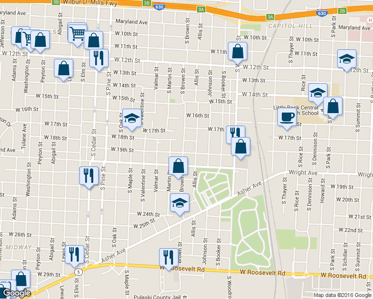 map of restaurants, bars, coffee shops, grocery stores, and more near 1821 Brown Street in Little Rock