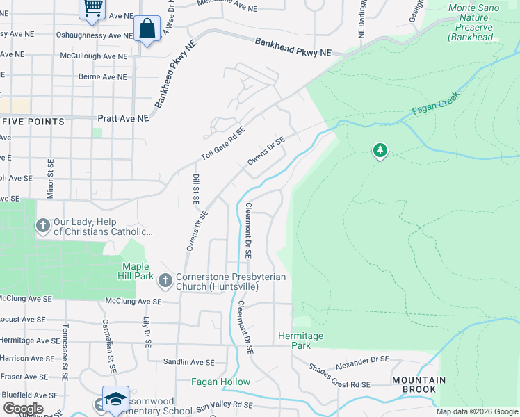 map of restaurants, bars, coffee shops, grocery stores, and more near 1703 White Fern Avenue Southeast in Huntsville