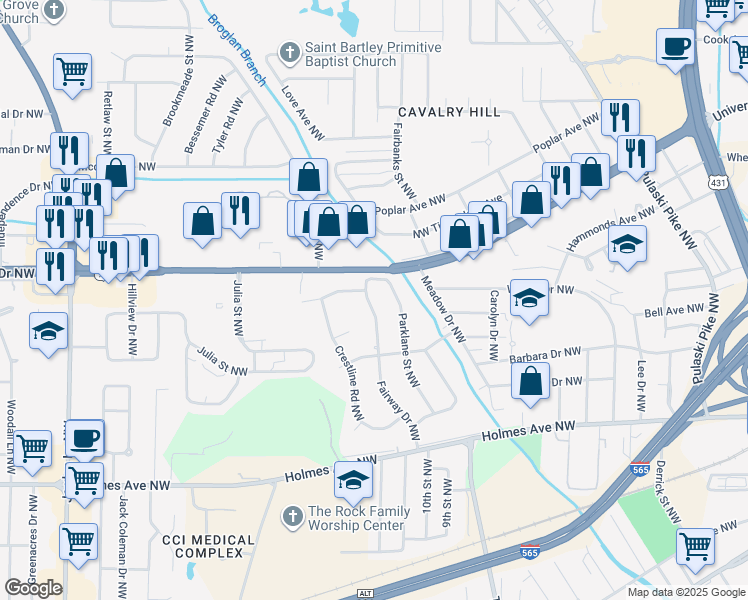map of restaurants, bars, coffee shops, grocery stores, and more near 1018 Fairway Drive Northwest in Huntsville