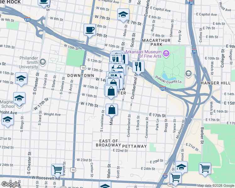 map of restaurants, bars, coffee shops, grocery stores, and more near 1501 South Main Street in Little Rock