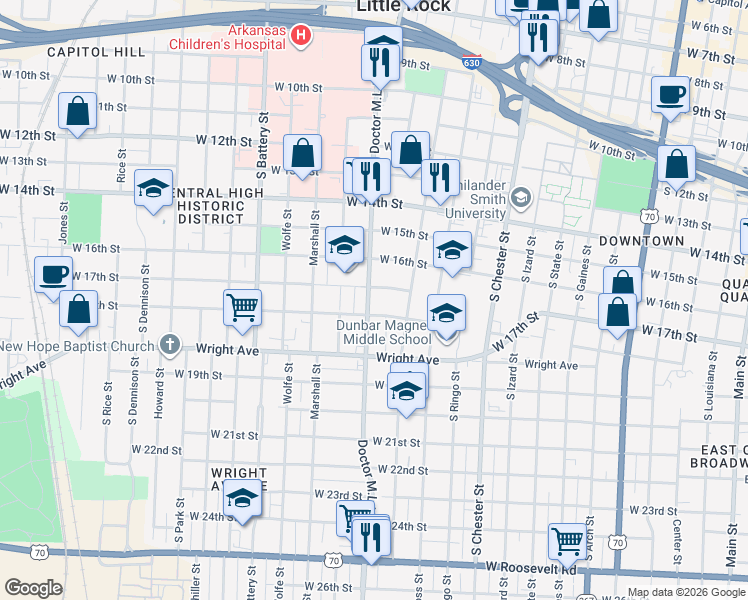 map of restaurants, bars, coffee shops, grocery stores, and more near 1709 Doctor Martin Luther King Junior Drive in Little Rock