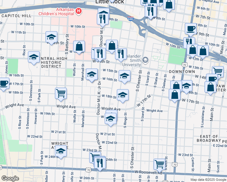 map of restaurants, bars, coffee shops, grocery stores, and more near 1707 South Pulaski Street in Little Rock