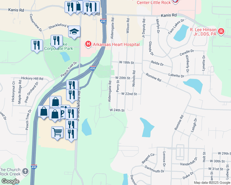 map of restaurants, bars, coffee shops, grocery stores, and more near 2028 Perry Street in Little Rock