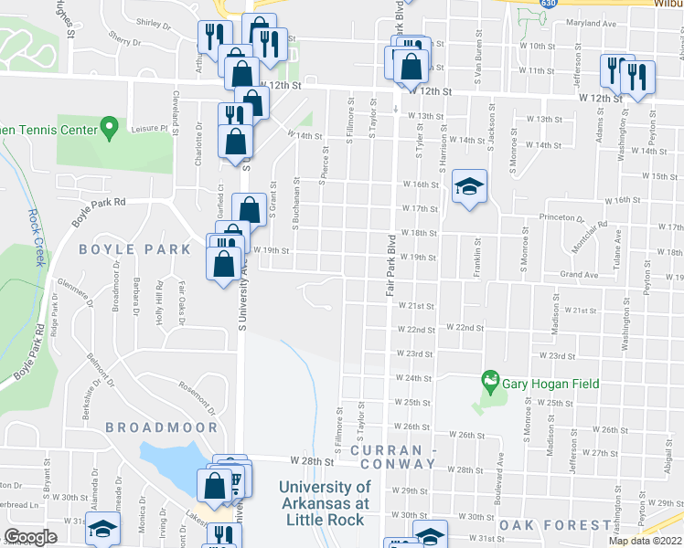map of restaurants, bars, coffee shops, grocery stores, and more near 5701 East Charles Bussey Avenue in Little Rock