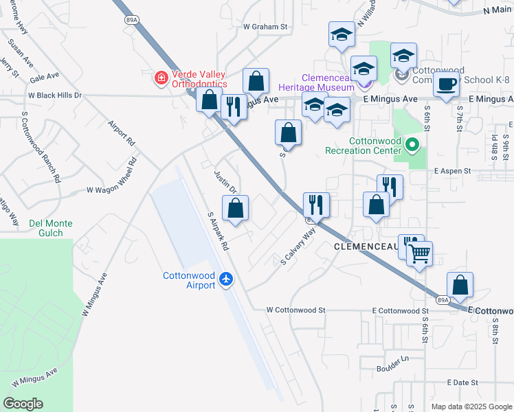 map of restaurants, bars, coffee shops, grocery stores, and more near 345 Arizona 89A in Cottonwood