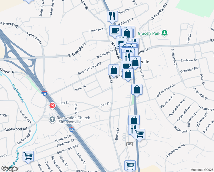 map of restaurants, bars, coffee shops, grocery stores, and more near 6001 Spindle Circle in Simpsonville