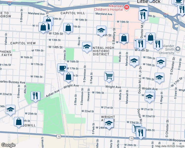 map of restaurants, bars, coffee shops, grocery stores, and more near 1711 South Park Street in Little Rock
