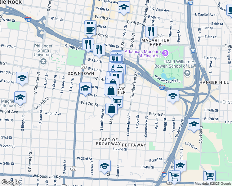 map of restaurants, bars, coffee shops, grocery stores, and more near 1508 Scott Street in Little Rock