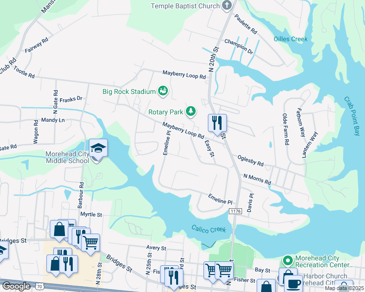 map of restaurants, bars, coffee shops, grocery stores, and more near 1004 Birch Court in Morehead City