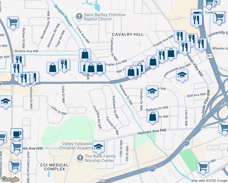 map of restaurants, bars, coffee shops, grocery stores, and more near 1018 Parklane Street Northwest in Huntsville