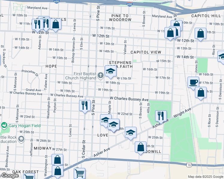map of restaurants, bars, coffee shops, grocery stores, and more near 1823 South Maple Street in Little Rock