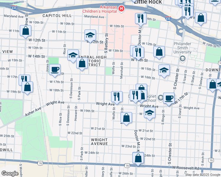 map of restaurants, bars, coffee shops, grocery stores, and more near 1712 Wolfe St in Little Rock