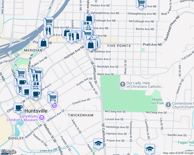 map of restaurants, bars, coffee shops, grocery stores, and more near 717 Eustis Avenue Southeast in Huntsville