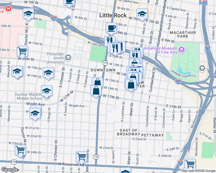 map of restaurants, bars, coffee shops, grocery stores, and more near 1522 South Spring Street in Little Rock