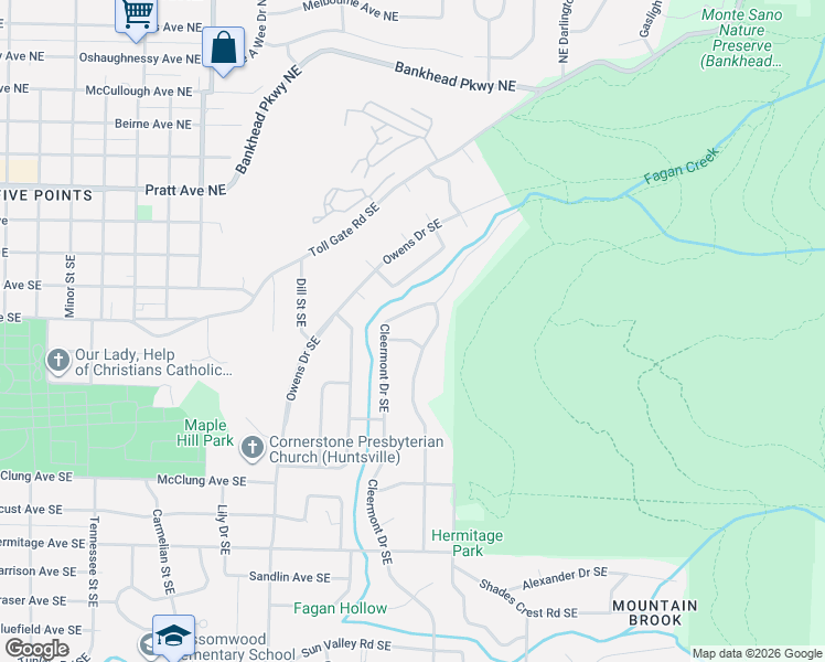map of restaurants, bars, coffee shops, grocery stores, and more near 1703 White Fern Avenue Southeast in Huntsville