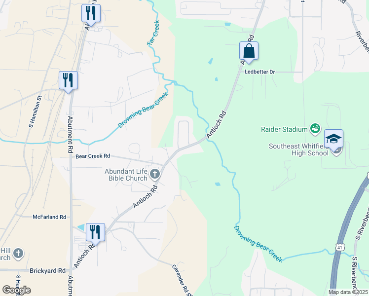 map of restaurants, bars, coffee shops, grocery stores, and more near 101 Bear Den Court in Dalton