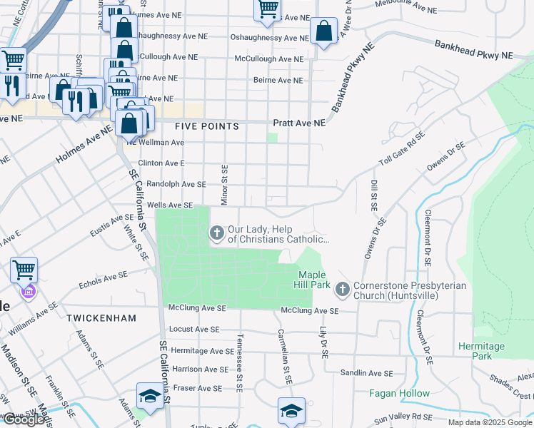 map of restaurants, bars, coffee shops, grocery stores, and more near 1502 Toll Gate Road Southeast in Huntsville