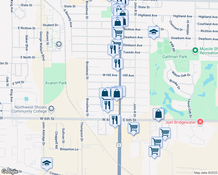 map of restaurants, bars, coffee shops, grocery stores, and more near 501-599 Portage Avenue in Muscle Shoals