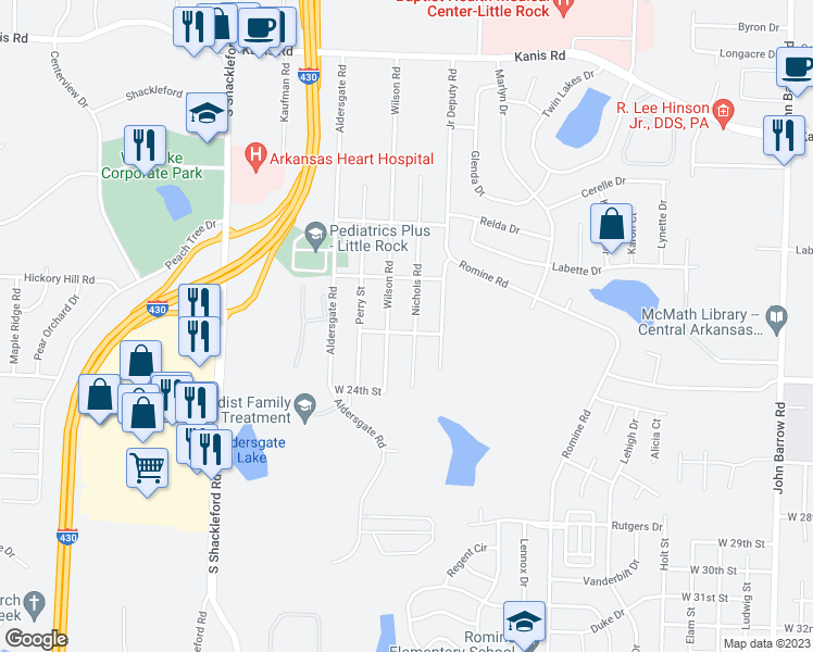 map of restaurants, bars, coffee shops, grocery stores, and more near 2025 Wilson Road in Little Rock