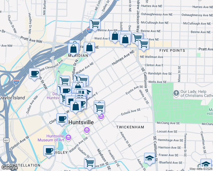 map of restaurants, bars, coffee shops, grocery stores, and more near 501 Clinton Avenue East in Huntsville