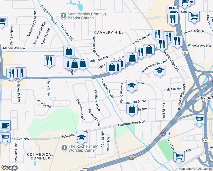 map of restaurants, bars, coffee shops, grocery stores, and more near 1208 Meadow Drive Northwest in Huntsville