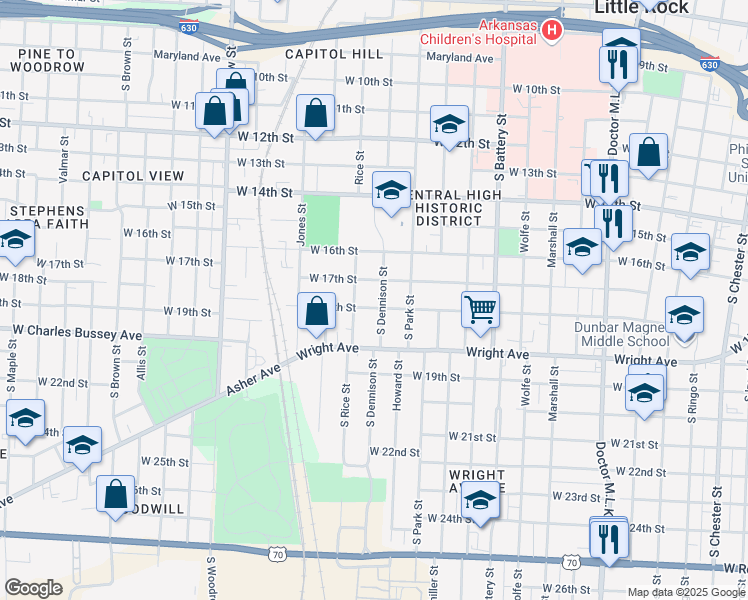 map of restaurants, bars, coffee shops, grocery stores, and more near 2306 W 18th St in Little Rock