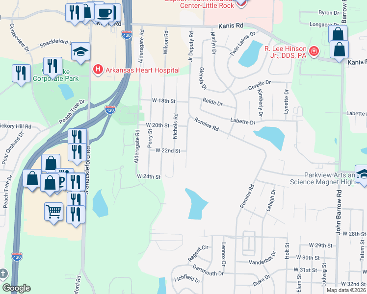 map of restaurants, bars, coffee shops, grocery stores, and more near 2026 Junior Deputy Road in Little Rock