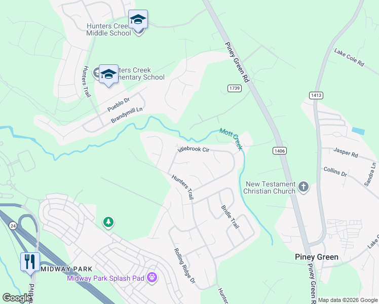 map of restaurants, bars, coffee shops, grocery stores, and more near 2677 Idlebrook Circle in Piney Green