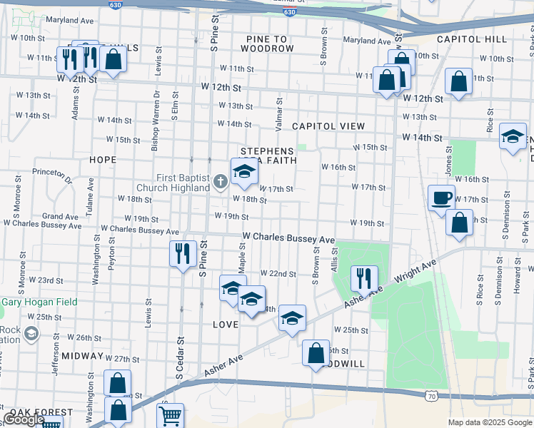 map of restaurants, bars, coffee shops, grocery stores, and more near 1824 Valmar Street in Little Rock
