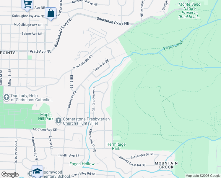 map of restaurants, bars, coffee shops, grocery stores, and more near 617 Fagan Springs Dr SE in Huntsville