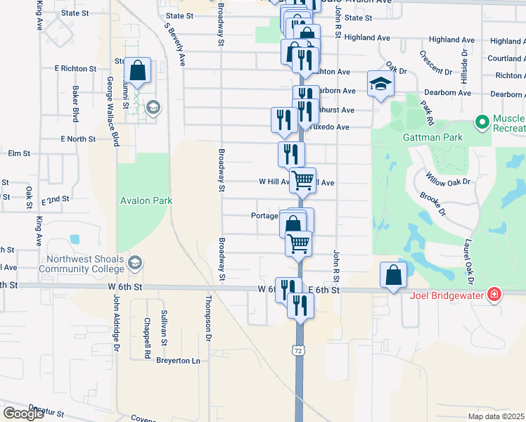 map of restaurants, bars, coffee shops, grocery stores, and more near 501 Portage Avenue in Muscle Shoals