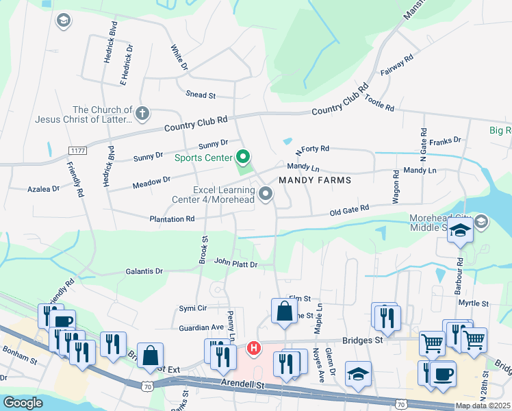 map of restaurants, bars, coffee shops, grocery stores, and more near 3502 Plantation Road in Morehead City